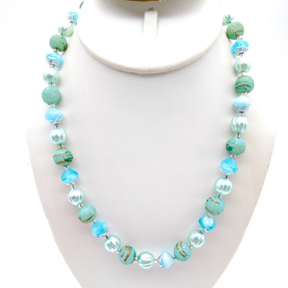 Vintage Sugar Bead Strand Necklace with Sea Foam Pastel Beads in Satin FInish